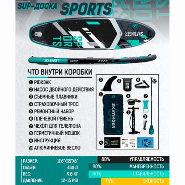 Надувная SUP доска SKATINGER SPORTS 11.6' (стандартный комплект)